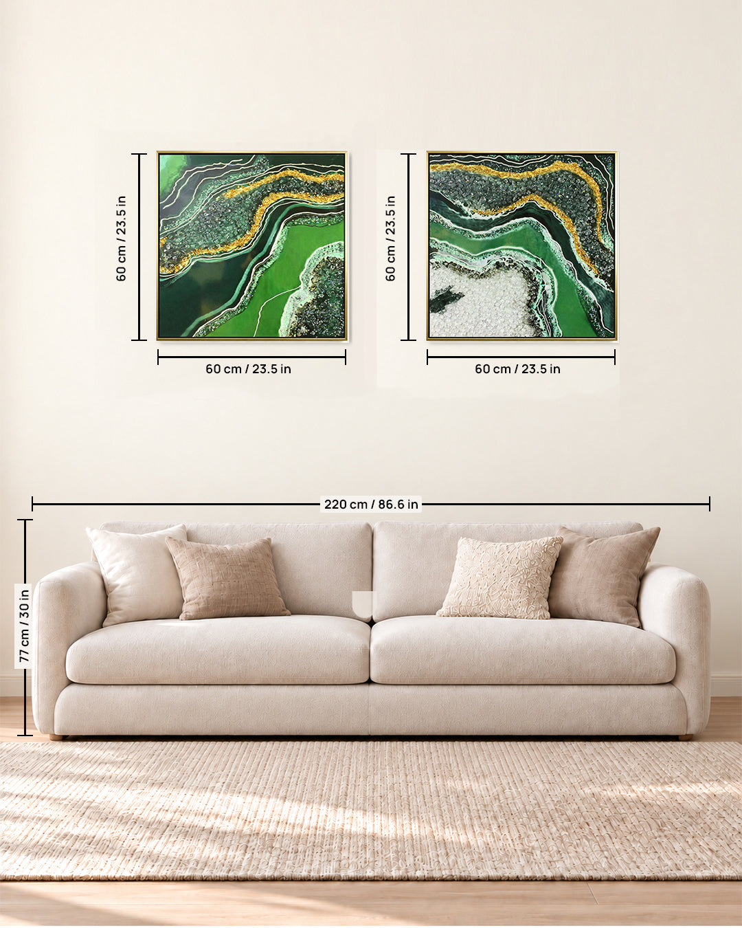 Malachite green and gold geode resin wall art set size guide above a sofa