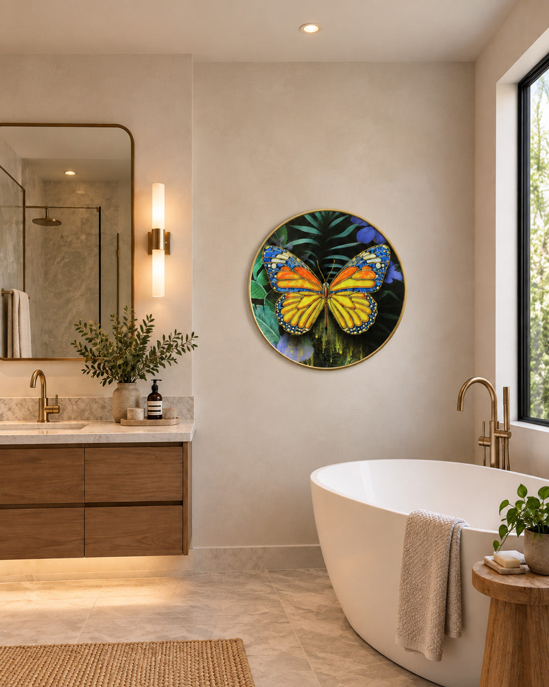 Metamorphosis round butterfly glass wall art in a bathroom