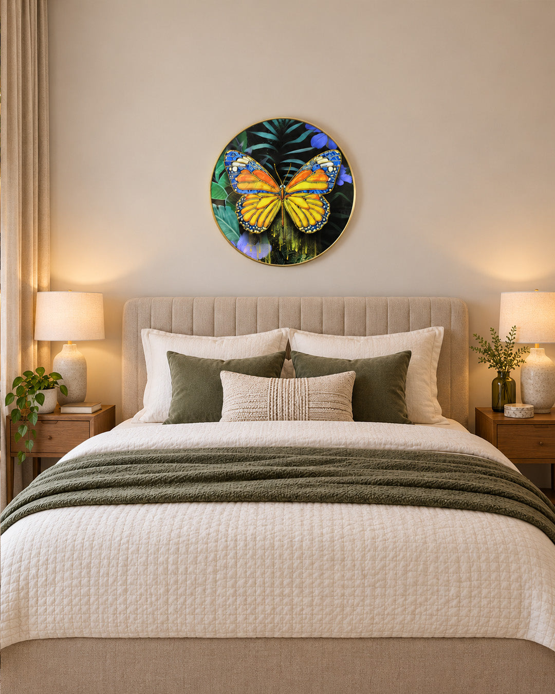 Metamorphosis round butterfly glass wall art above a bed in a bedroom