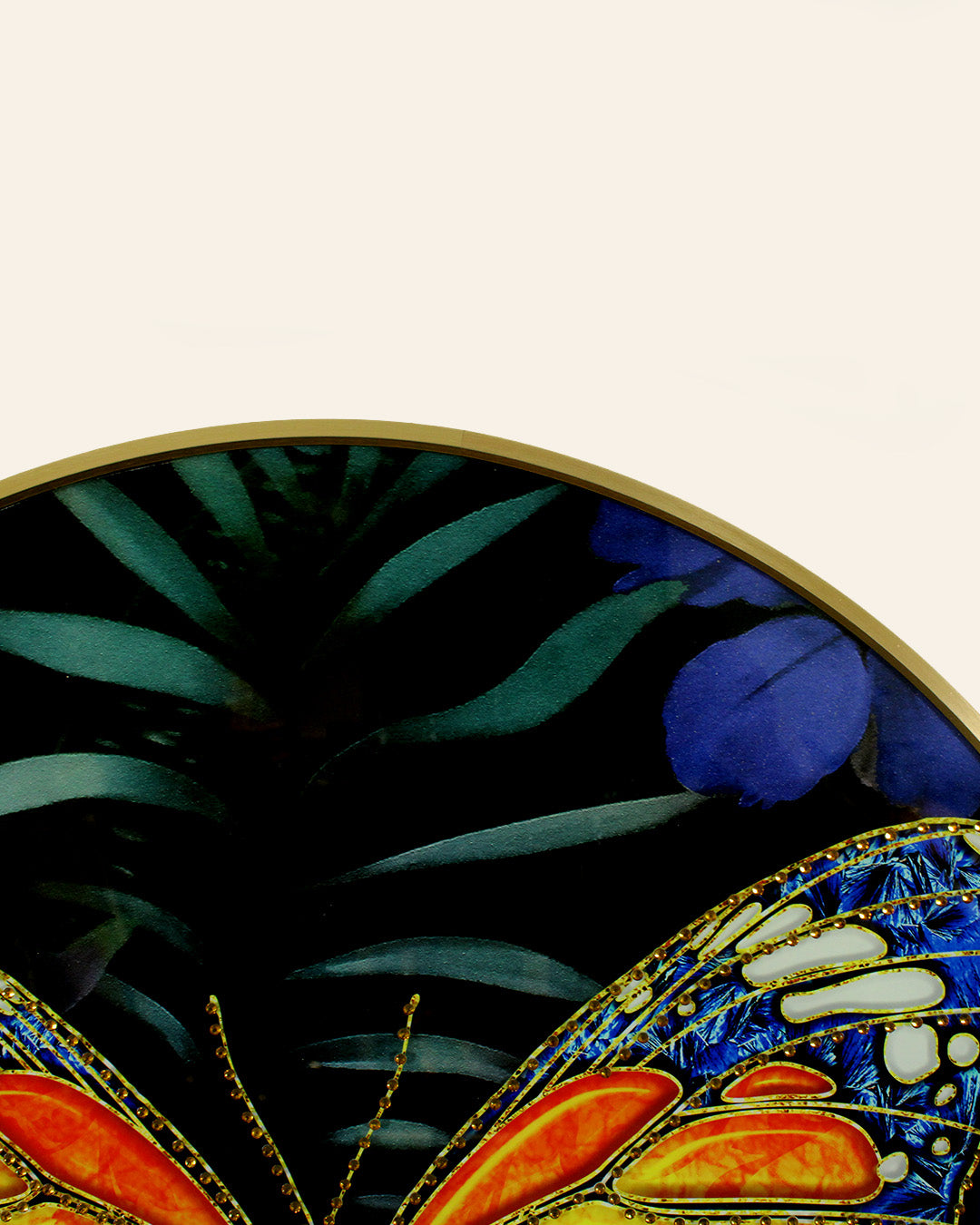 Metamorphosis round butterfly glass wall art gold metal frame corner detail