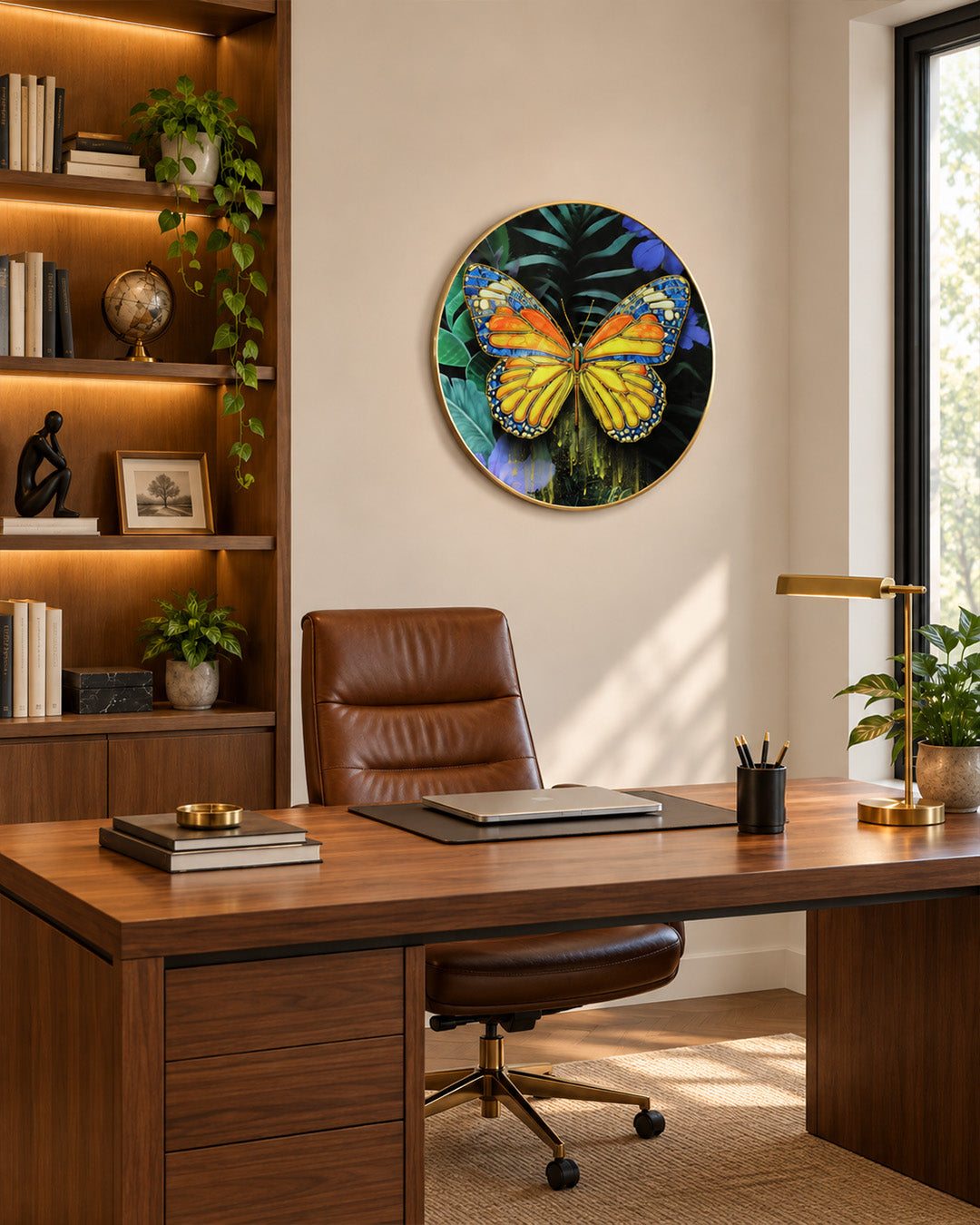 Metamorphosis round butterfly glass wall art in a home office