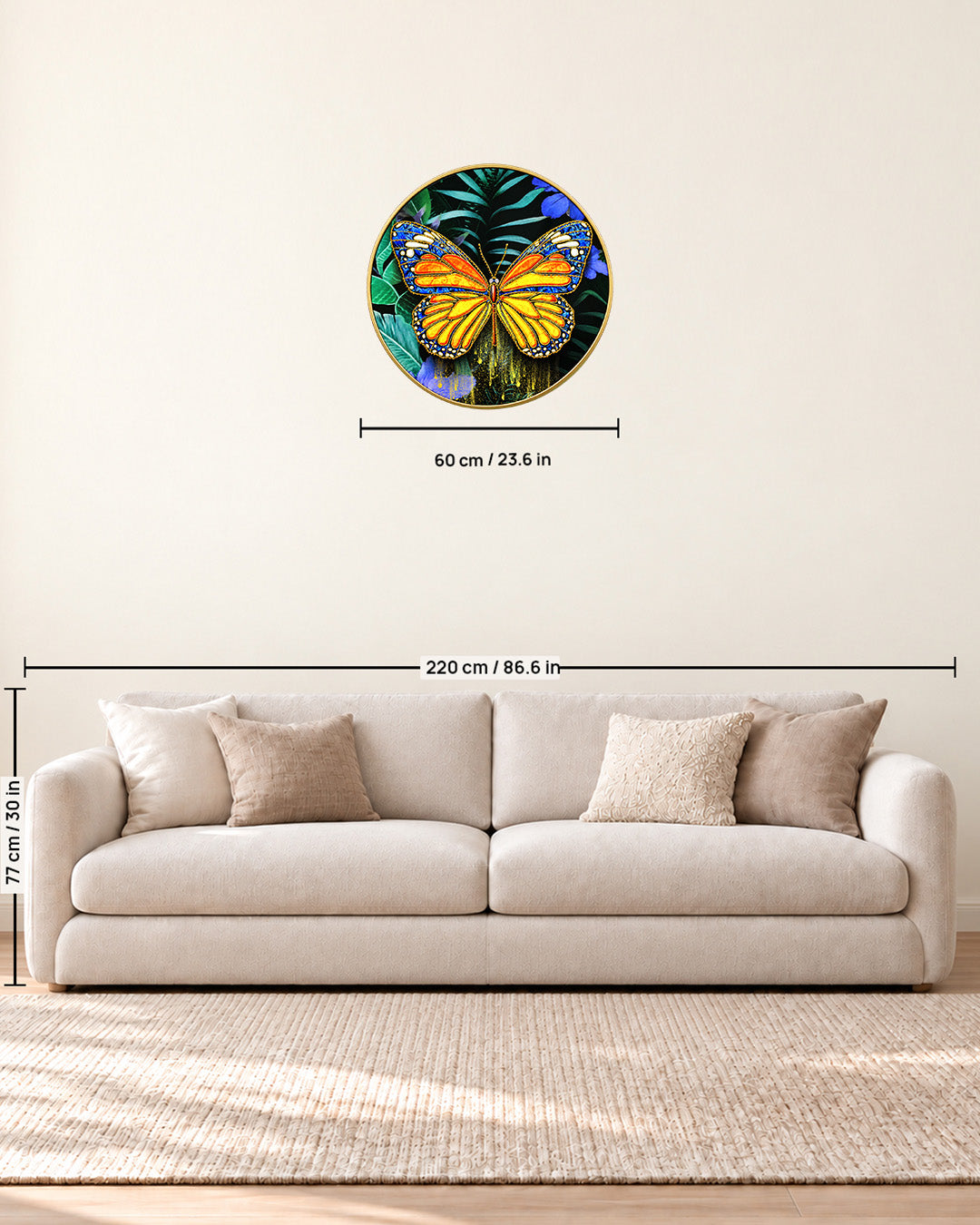 Metamorphosis round butterfly glass wall art size guide above a sofa