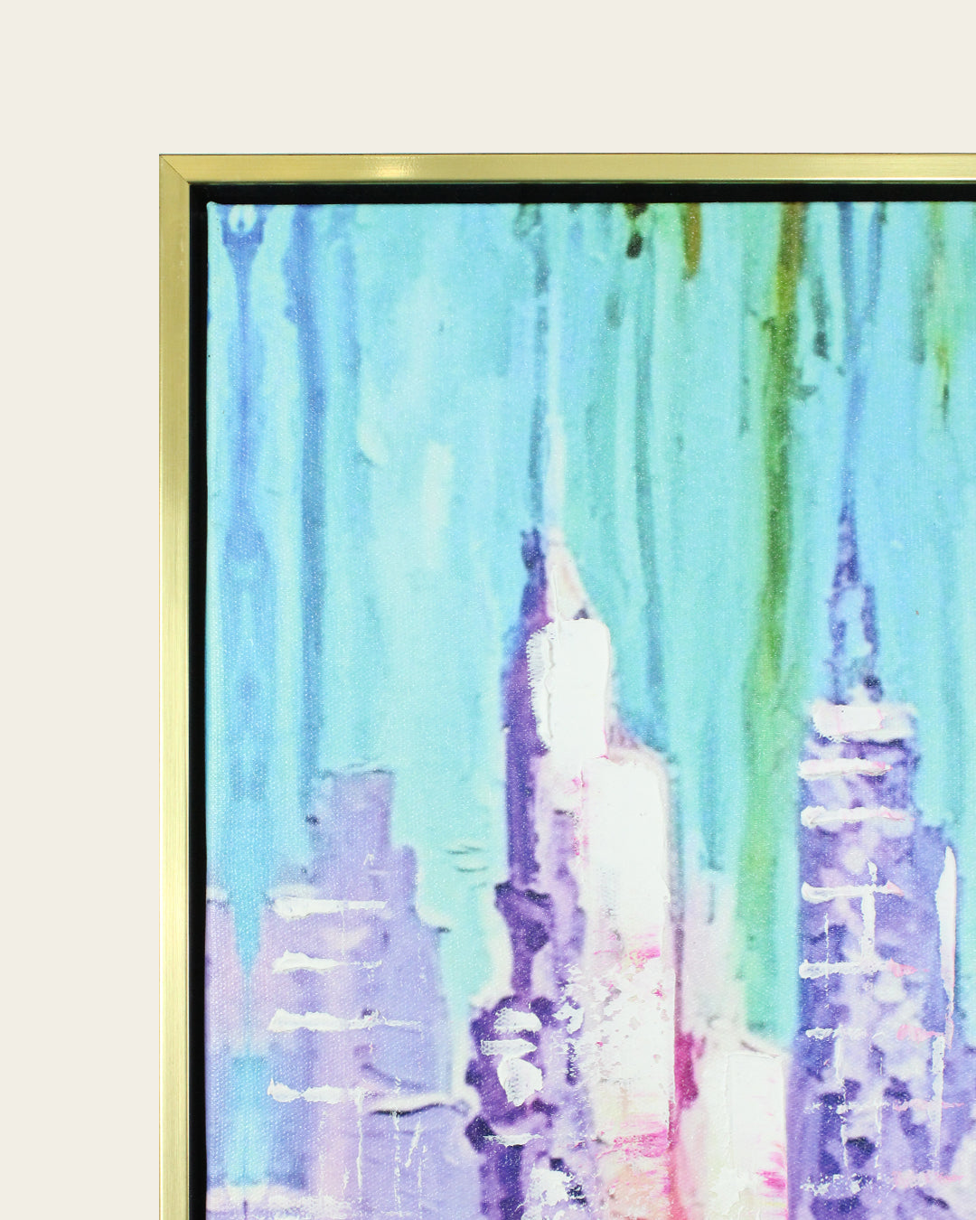 Metropolis abstract cityscape painting gold and black frame corner detail
