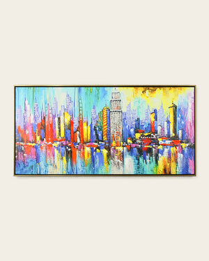 Metropolis abstract cityscape painting front view in a gold and black frame