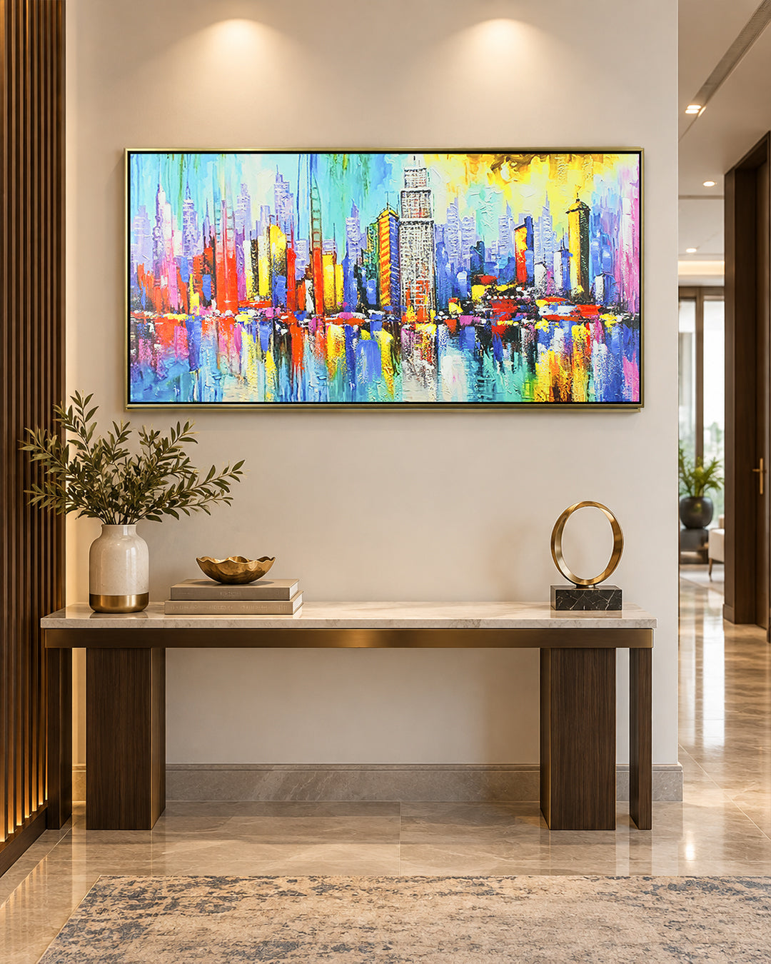 Metropolis abstract cityscape painting above a console table in a hallway