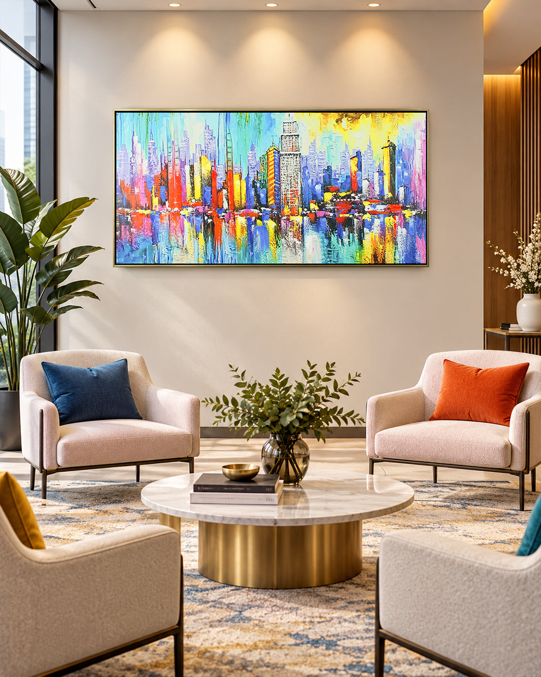 Metropolis abstract cityscape painting above a sofa in a living room