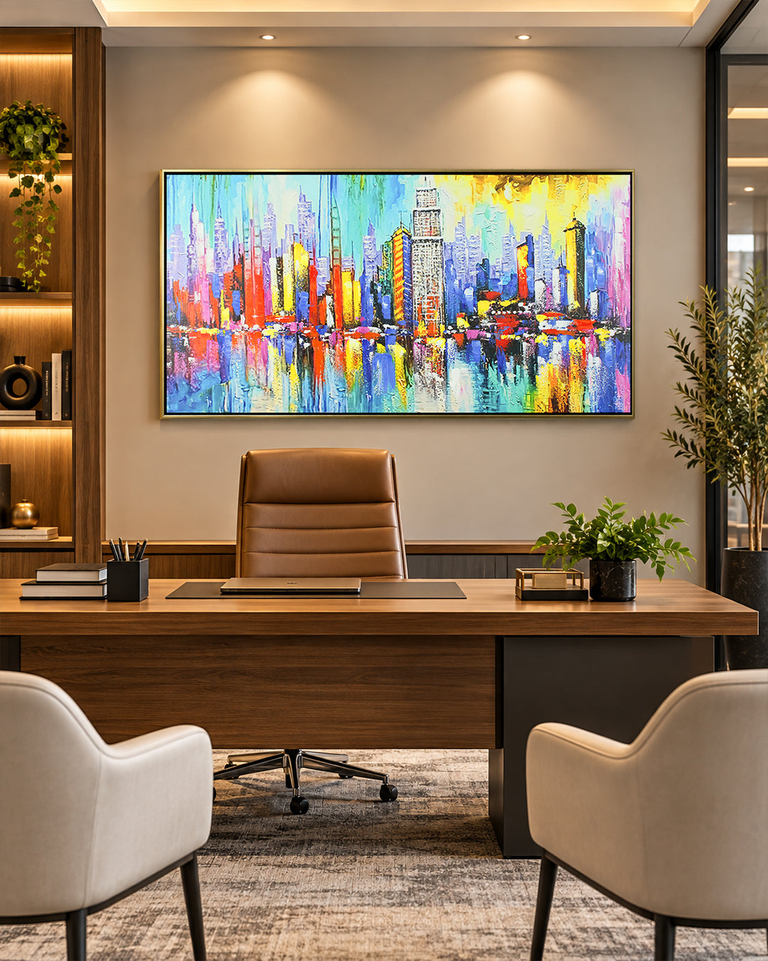 Metropolis abstract cityscape painting in a home office above a desk