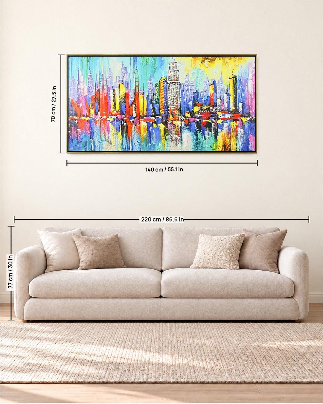 Metropolis abstract cityscape painting size guide above a sofa