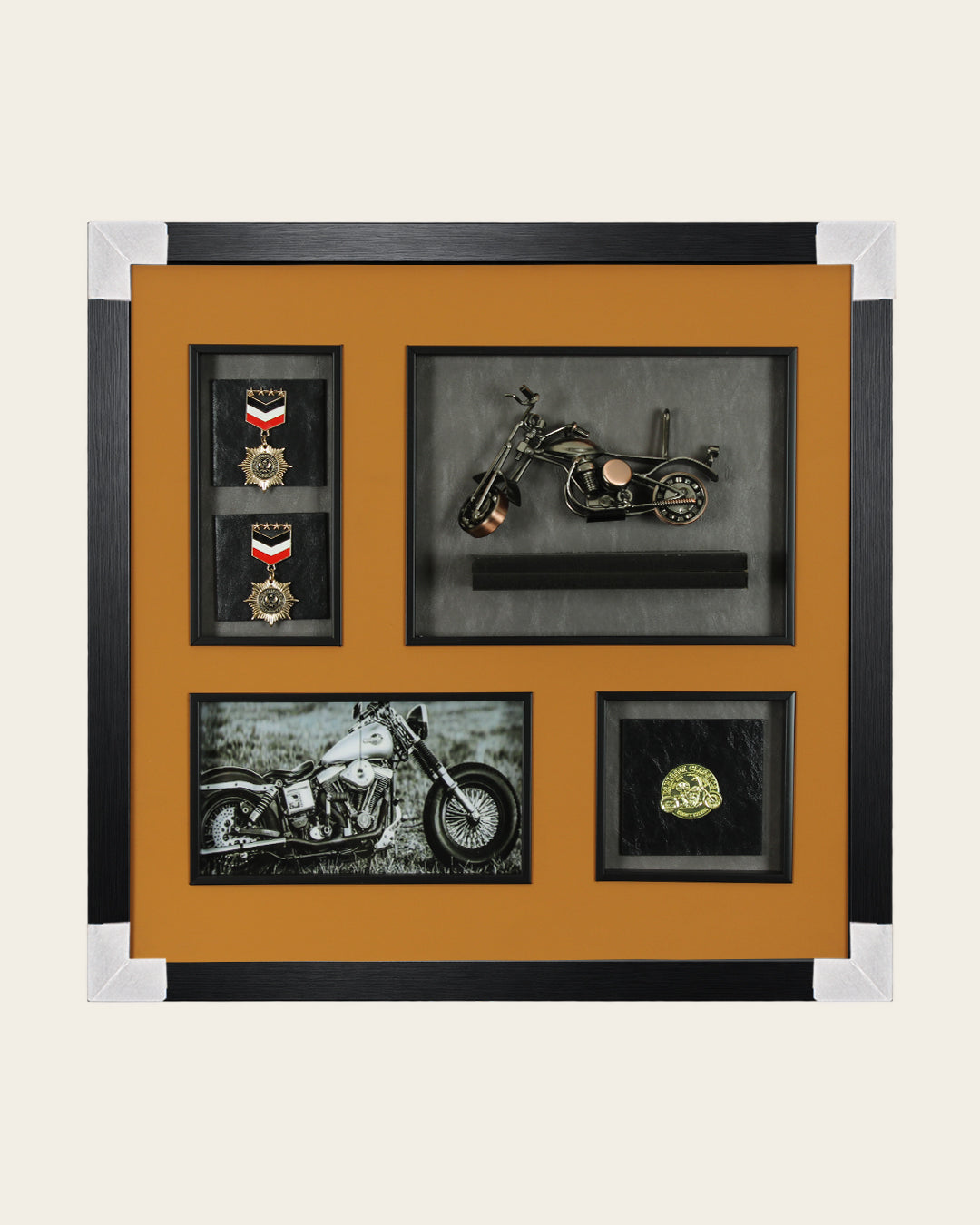 Miles & Medals motorbike 3D shadow box wall art with corner protectors for delivery