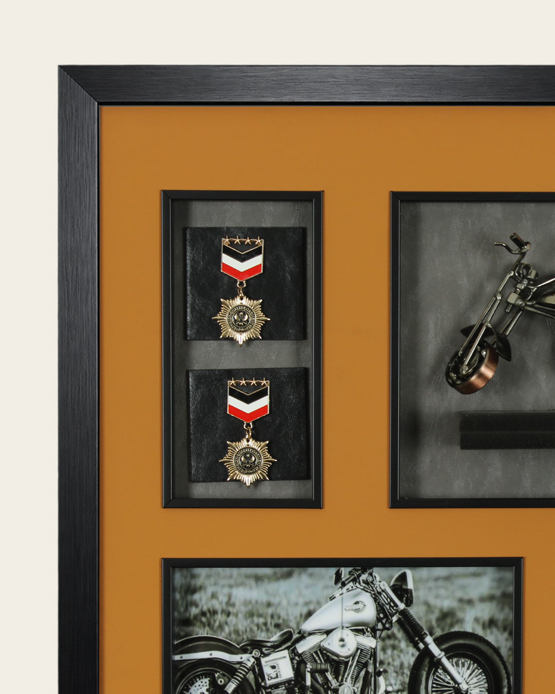 Miles & Medals motorbike 3D shadow box wall art close-up of the medals