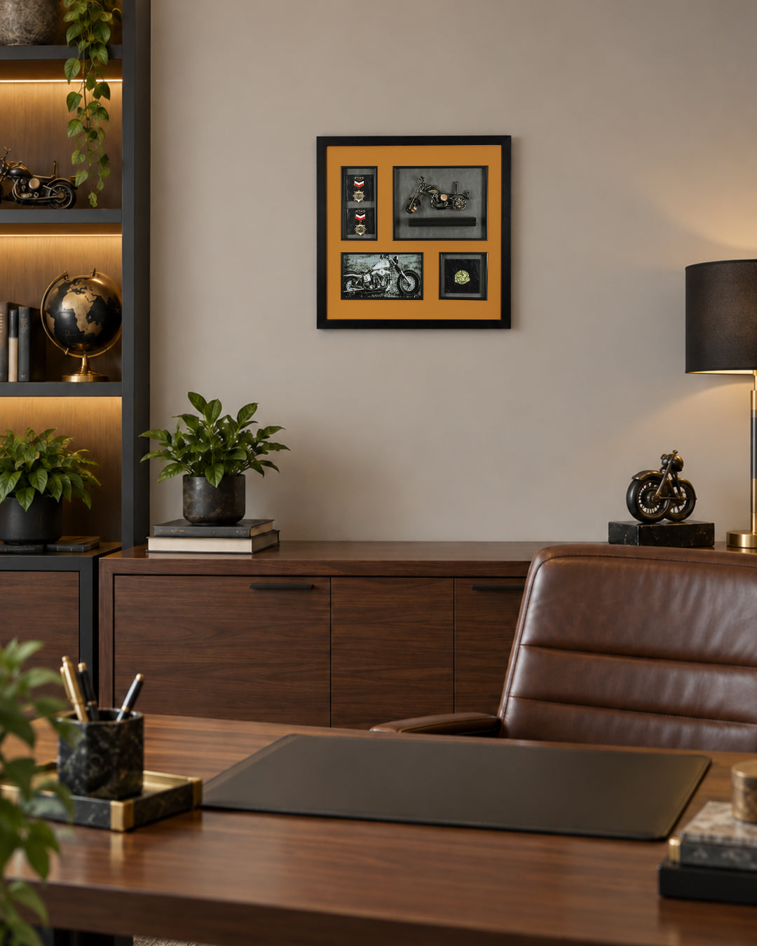 Miles & Medals motorbike 3D shadow box wall art in a home office