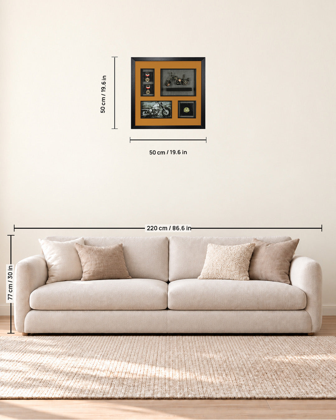 Miles & Medals motorbike 3D shadow box wall art size guide above a sofa