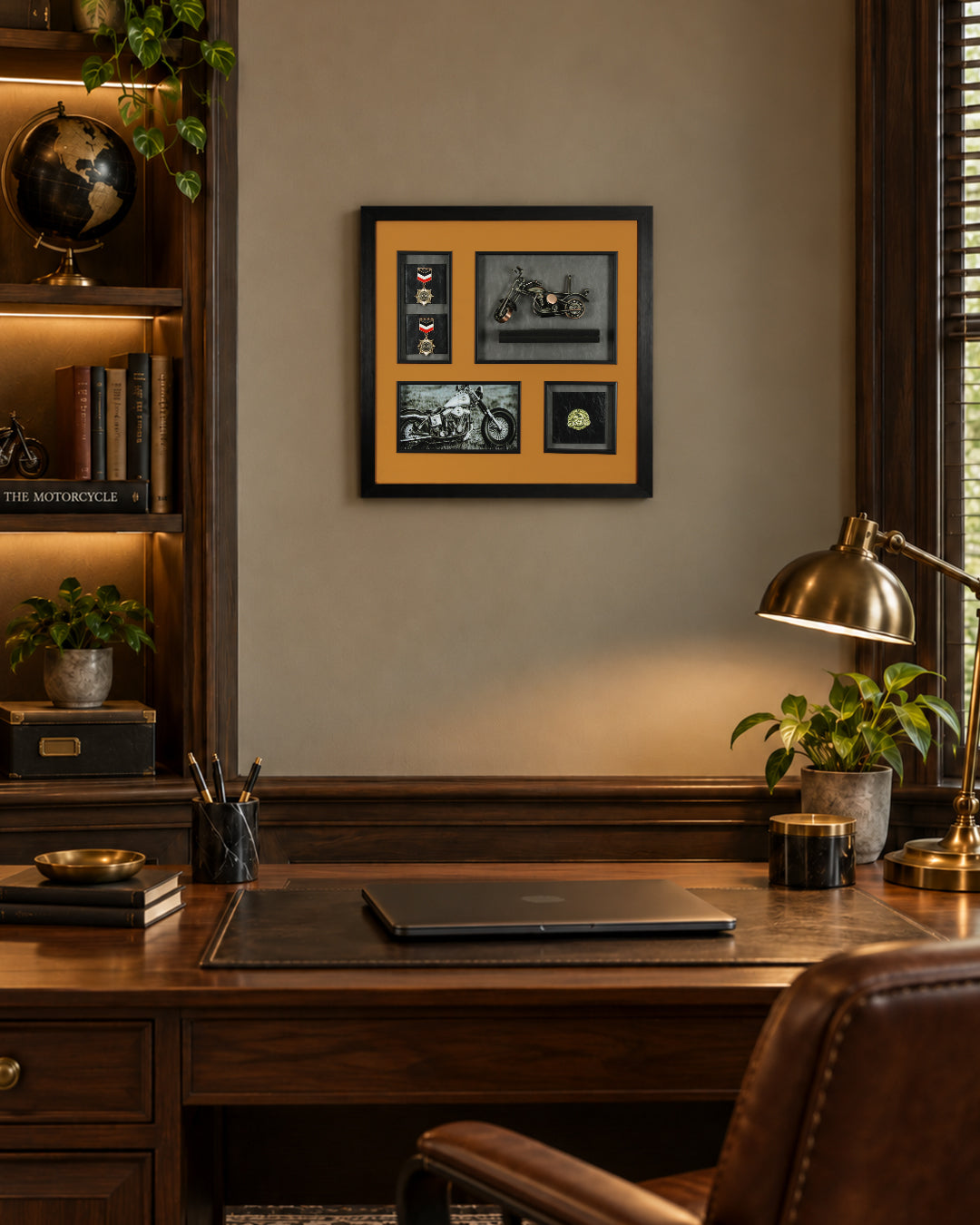 Miles & Medals motorbike 3D shadow box wall art in a study above a desk