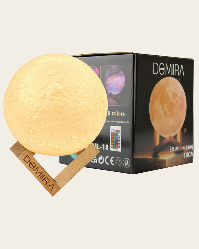 DOMIRA 18cm moon lamp on a wooden stand with its gift box