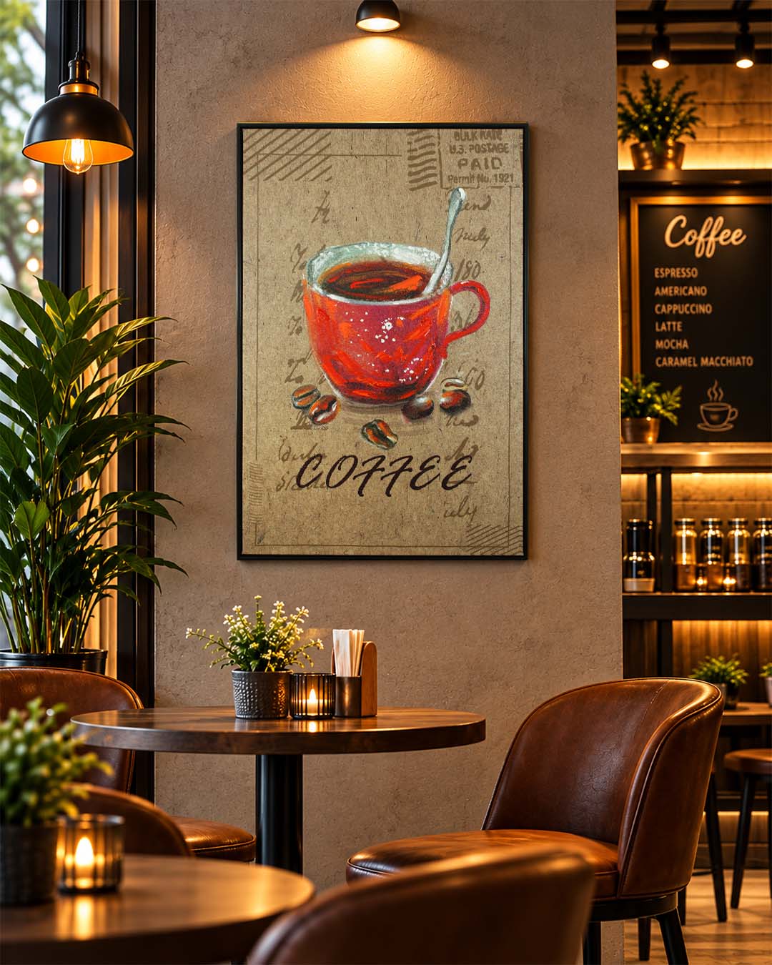 Morning Post coffee themed wall art in a café-style dining corner