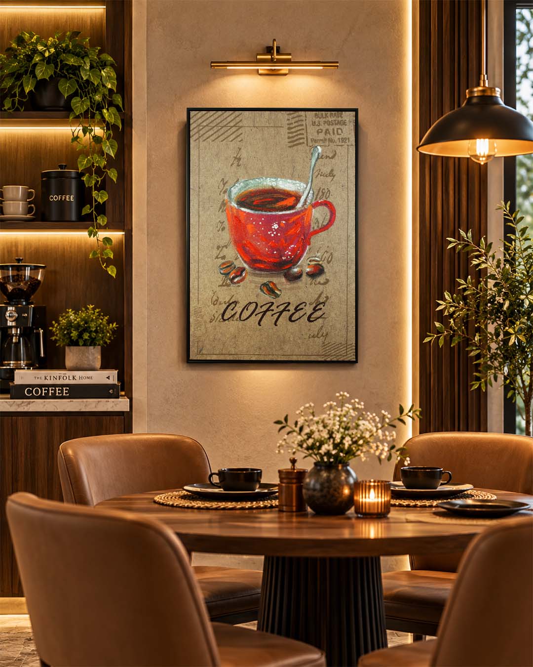 Morning Post coffee themed wall art above a dining table