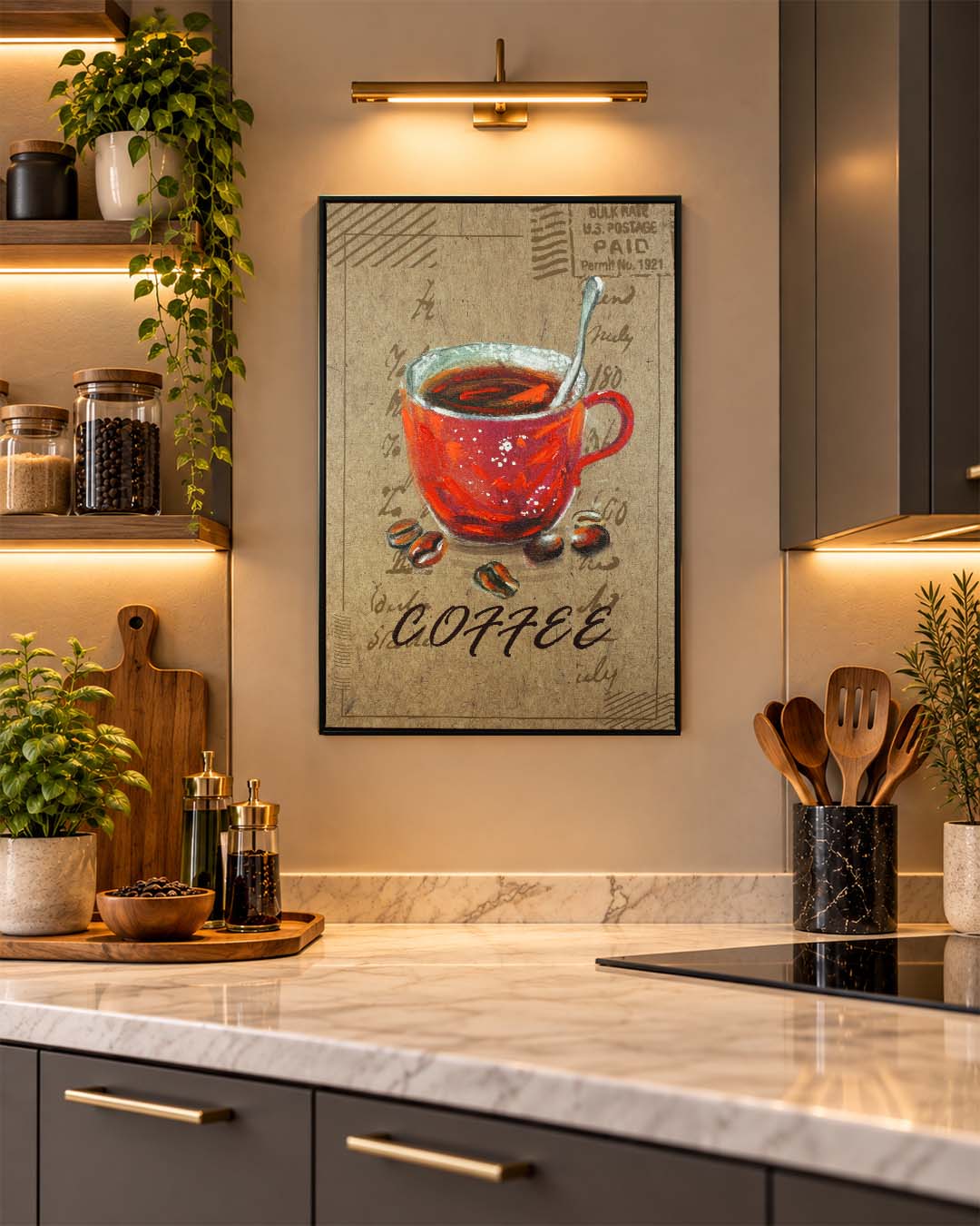 Morning Post coffee themed wall art in a kitchen above the counter
