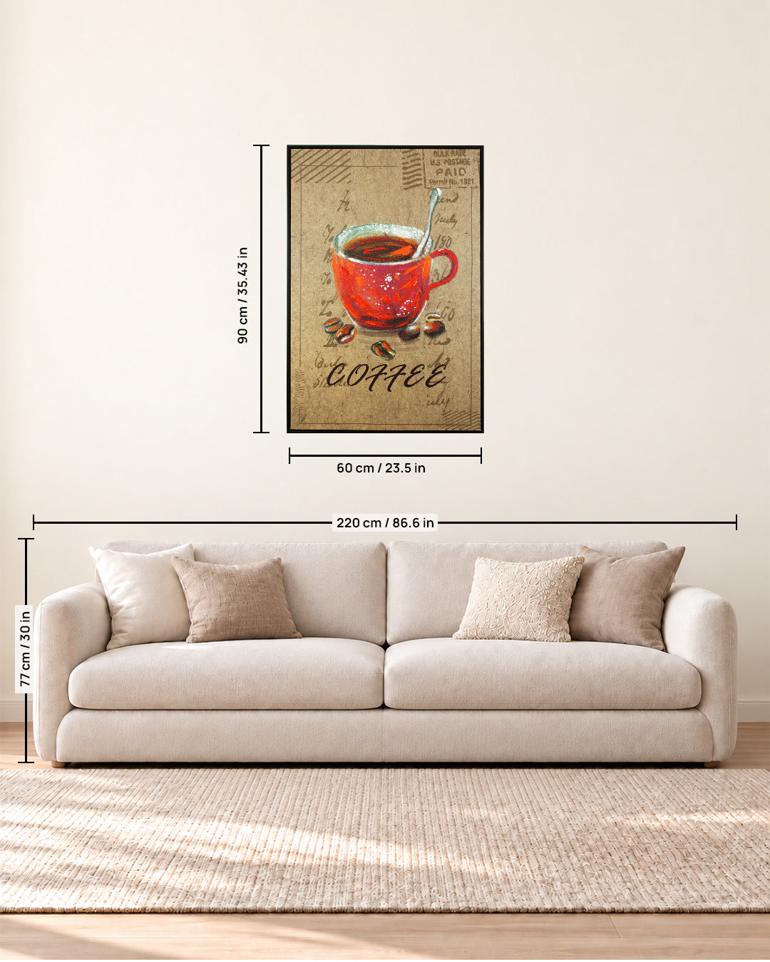 Morning Post coffee themed wall art size guide above a sofa