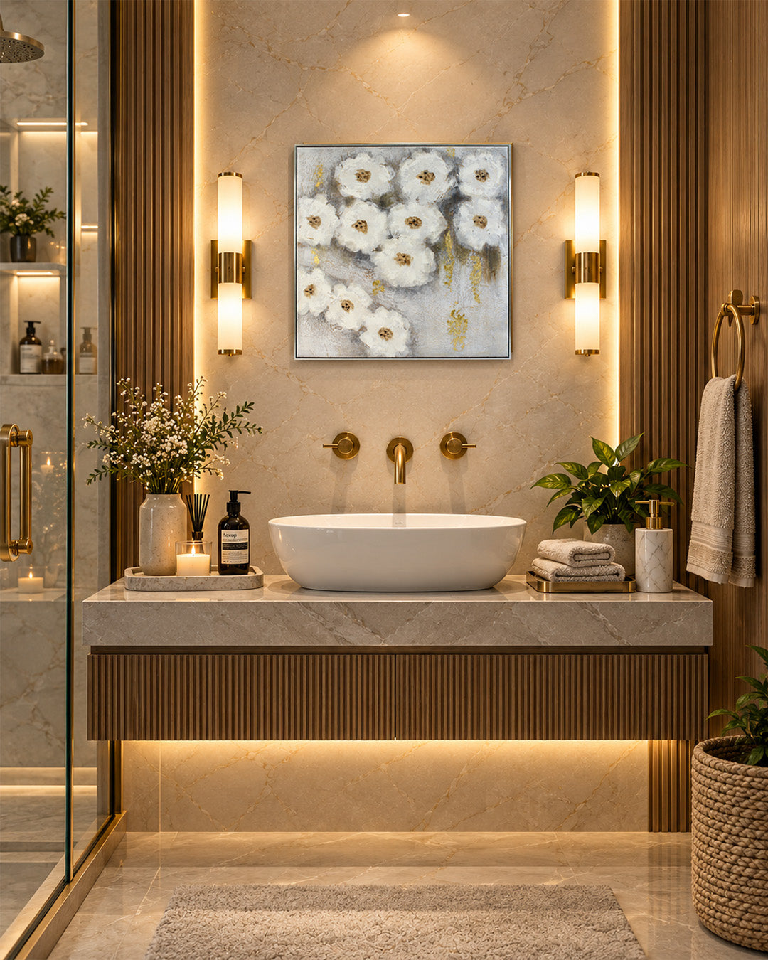 Nestled white flower canvas art in a bathroom