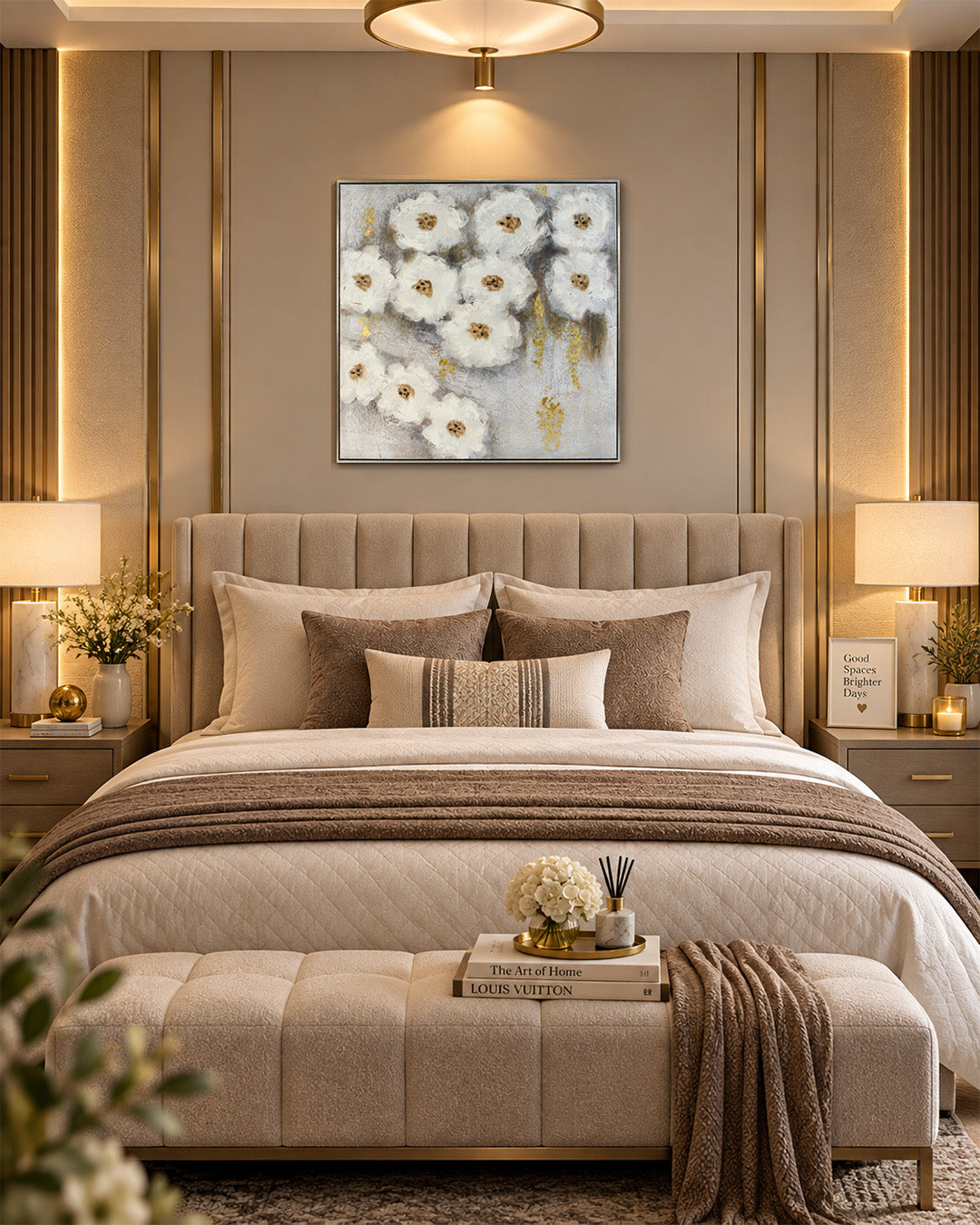 Nestled white flower canvas art above a bed in a bedroom