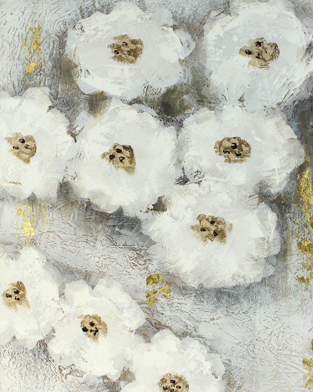 Nestled white flower canvas art close-up of the brushwork