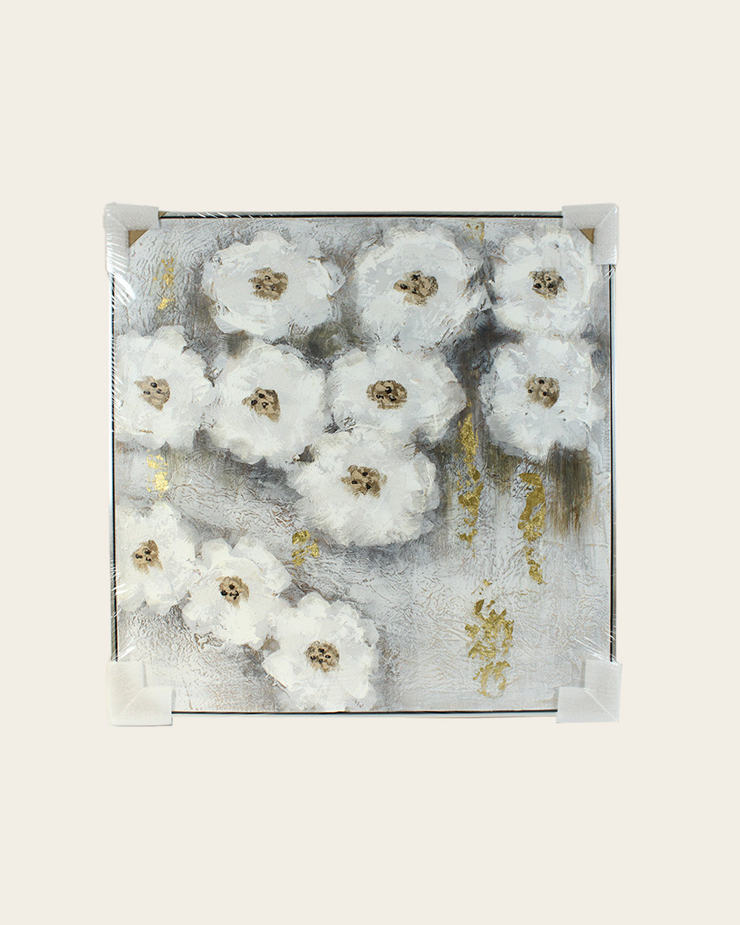 Nestled white flower canvas art with corner protectors for delivery