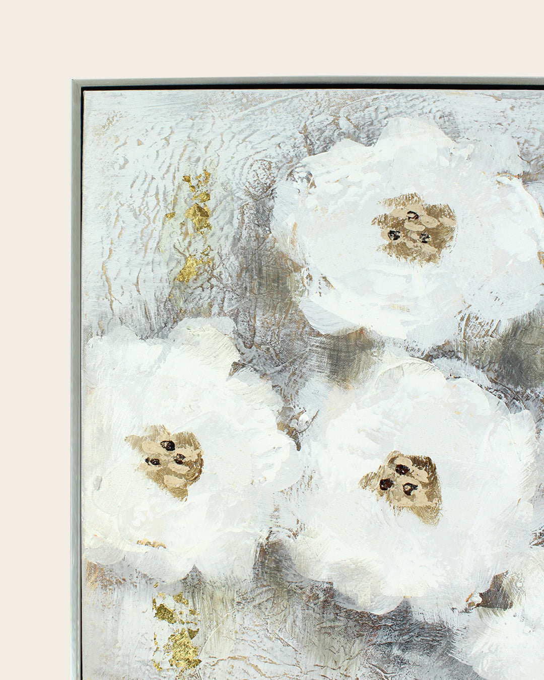 Nestled white flower canvas art frame corner detail