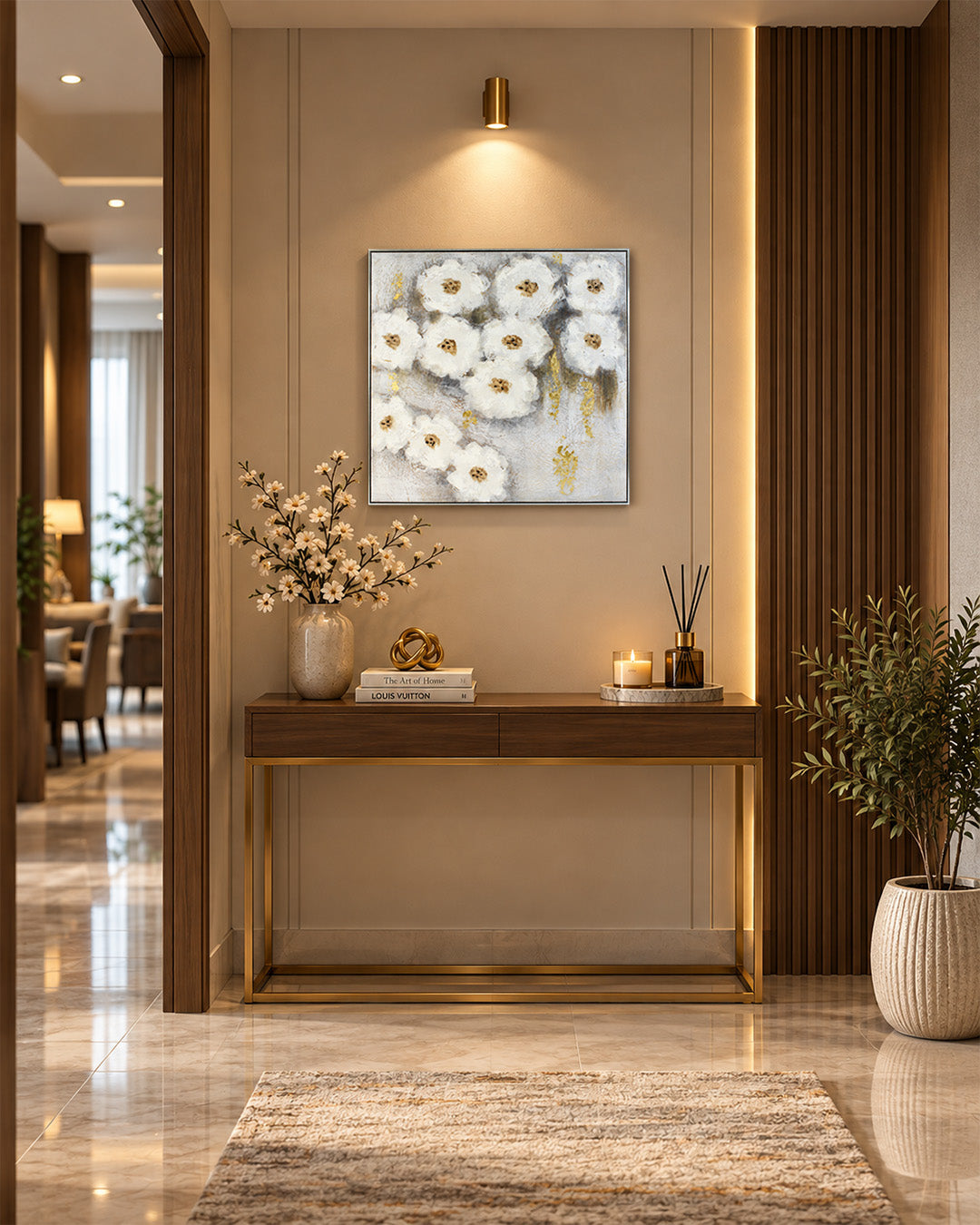 Nestled white flower canvas art in a hallway