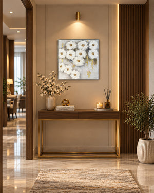 Nestled white flower canvas art in a hallway