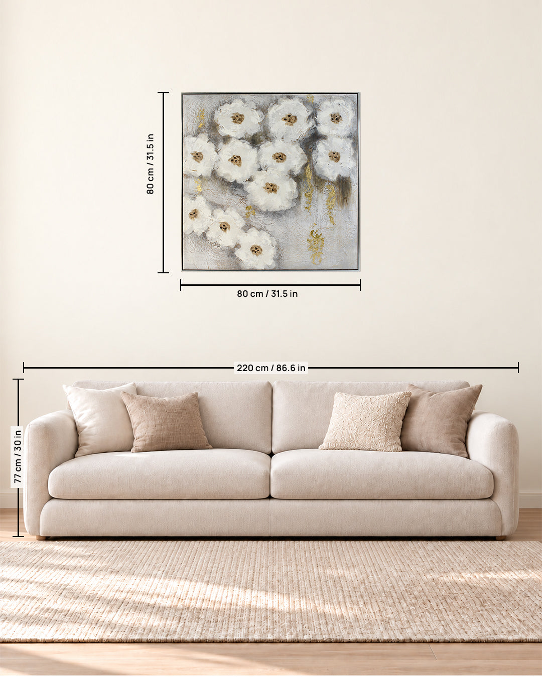 Nestled white flower canvas art size guide above a sofa