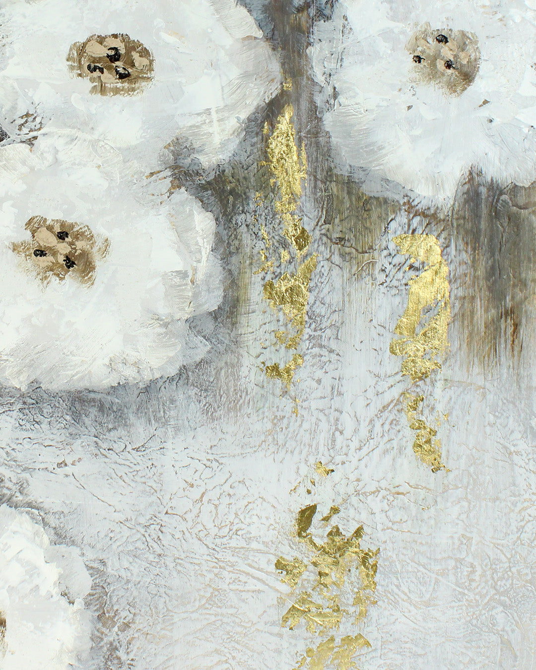 Nestled white flower canvas art close-up of the textured paint