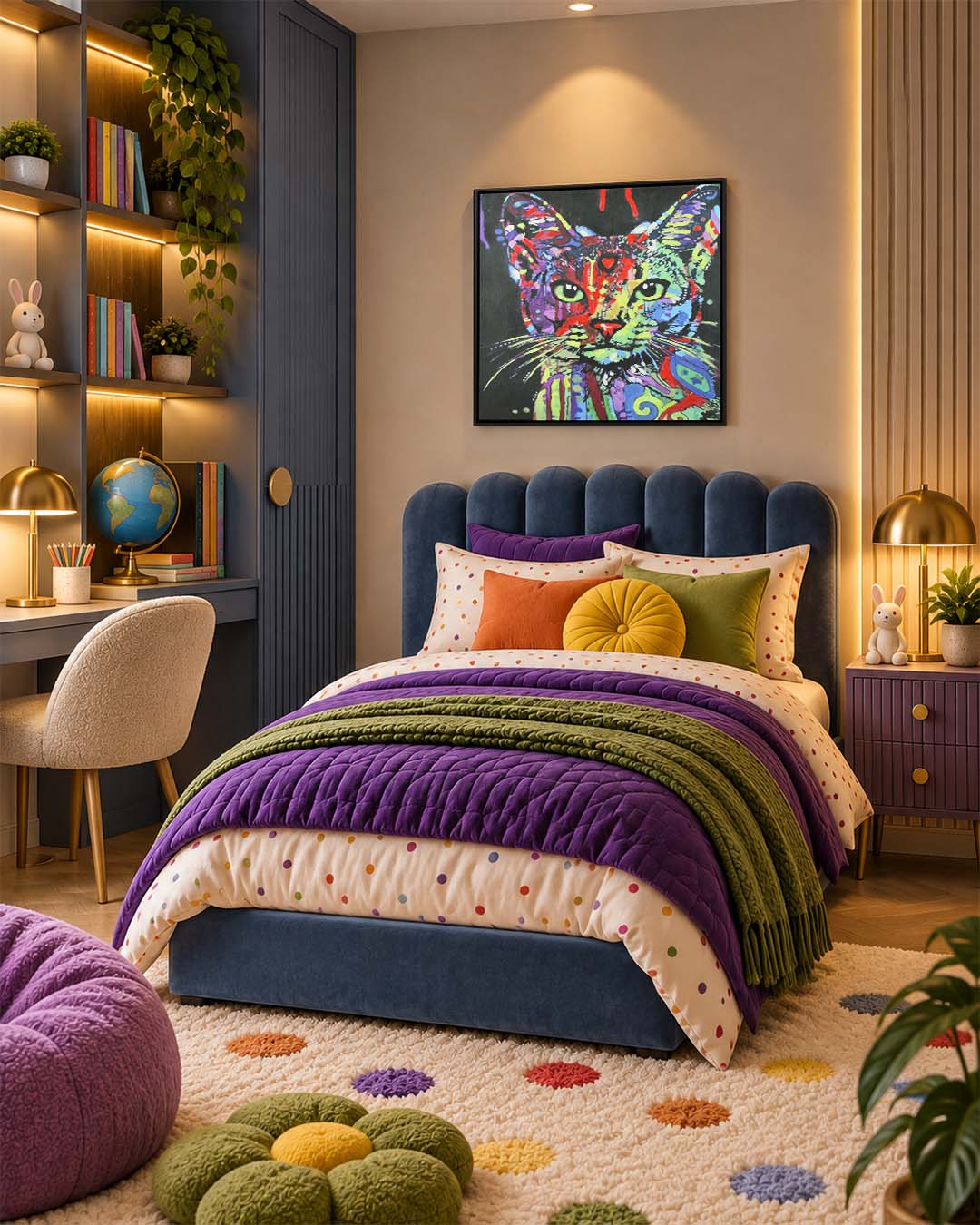Night Watch colourful cat wall art above a bed in a child's bedroom