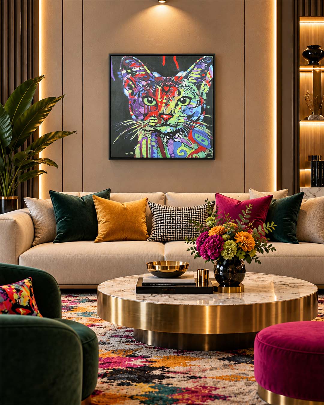 Night Watch colourful cat wall art above a sofa in a living room