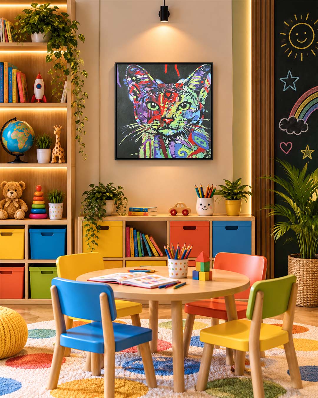Night Watch colourful cat wall art in a children's playroom