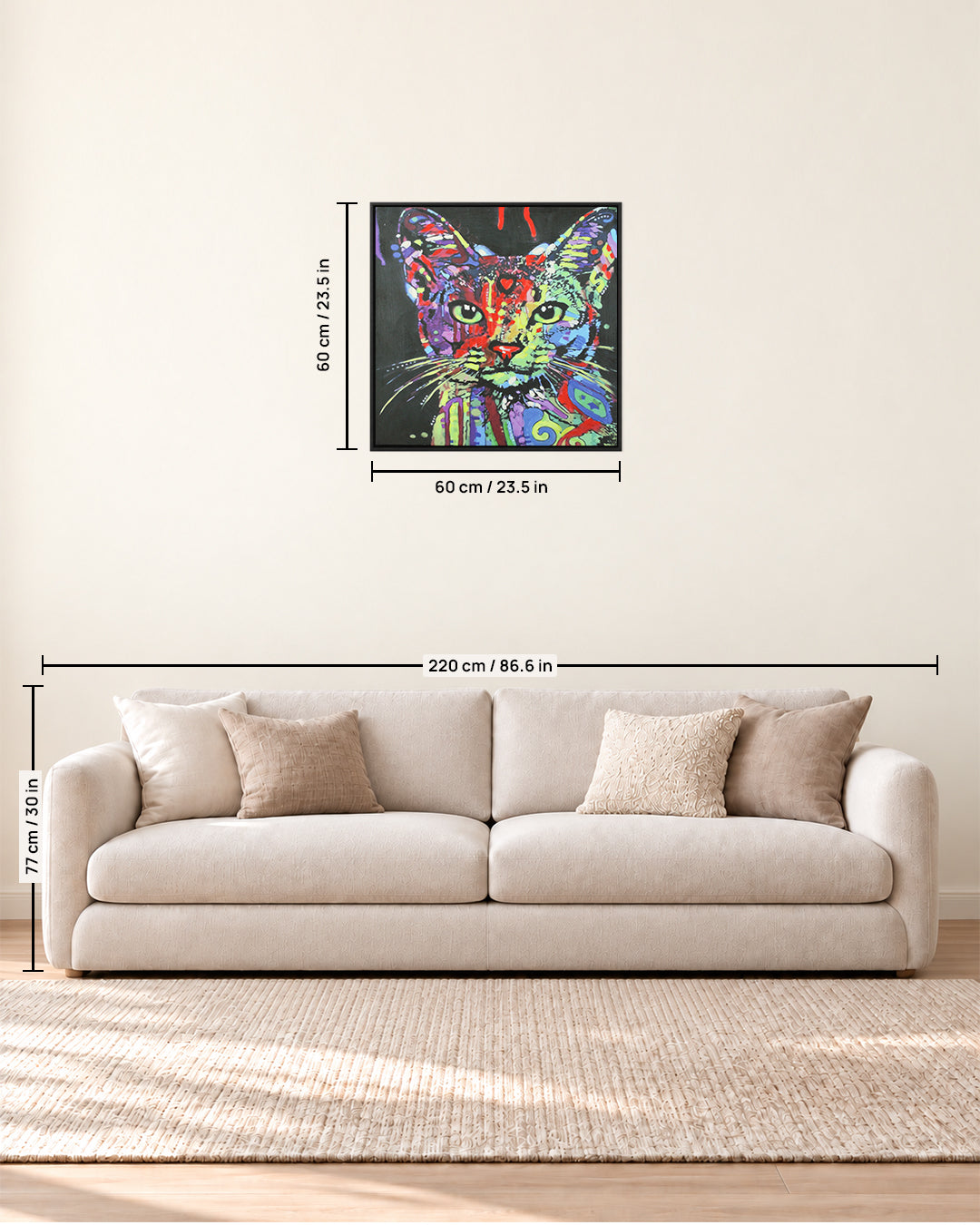 Night Watch colourful cat wall art size guide above a sofa