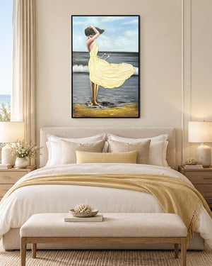 Ondine seaside figure painting above a bed in a bedroom
