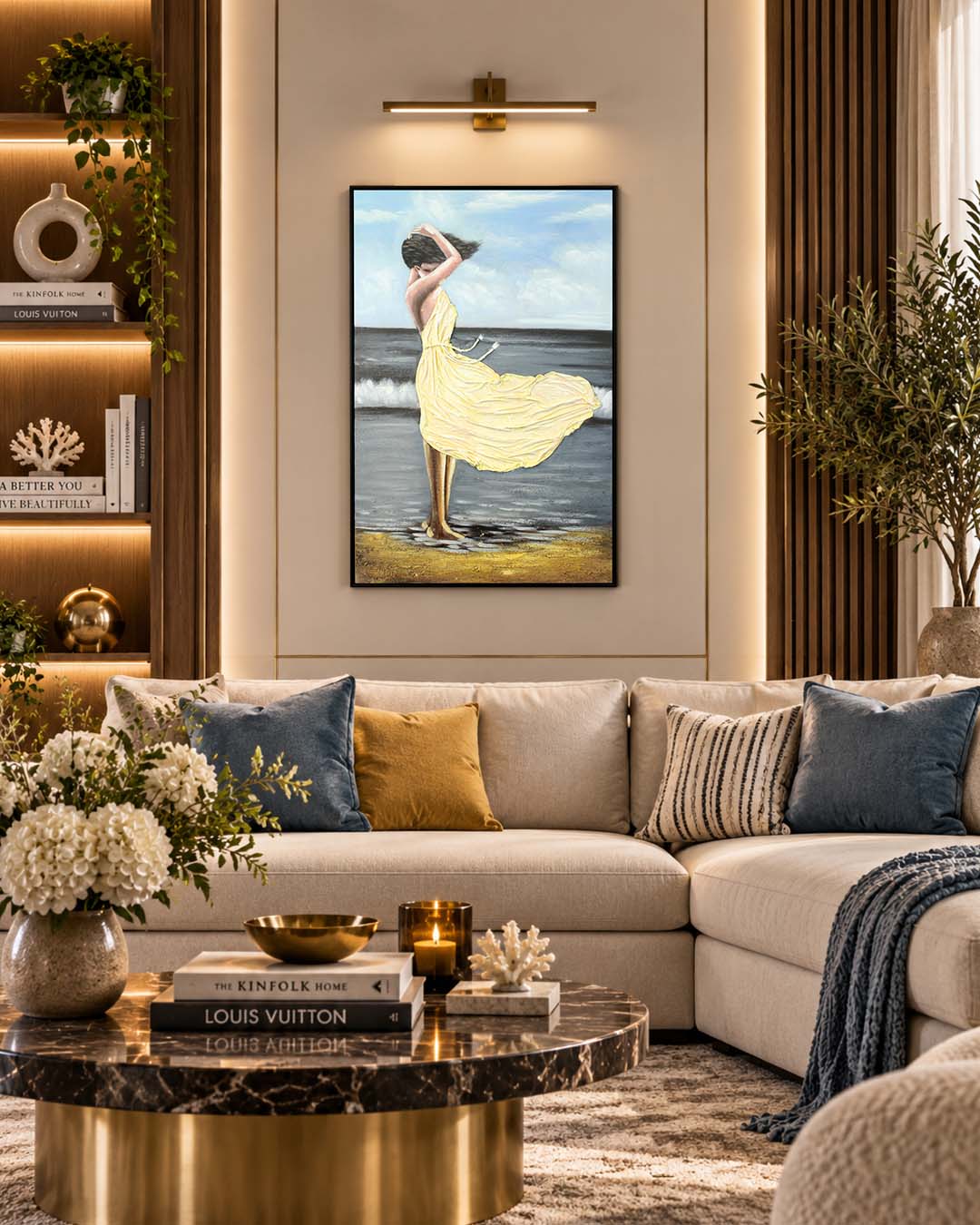 Ondine seaside figure painting above a sofa in a living room