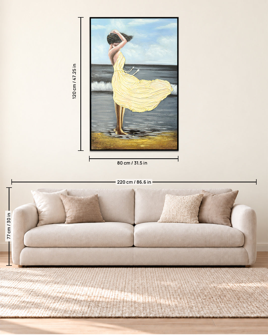Ondine seaside figure painting size guide above a sofa