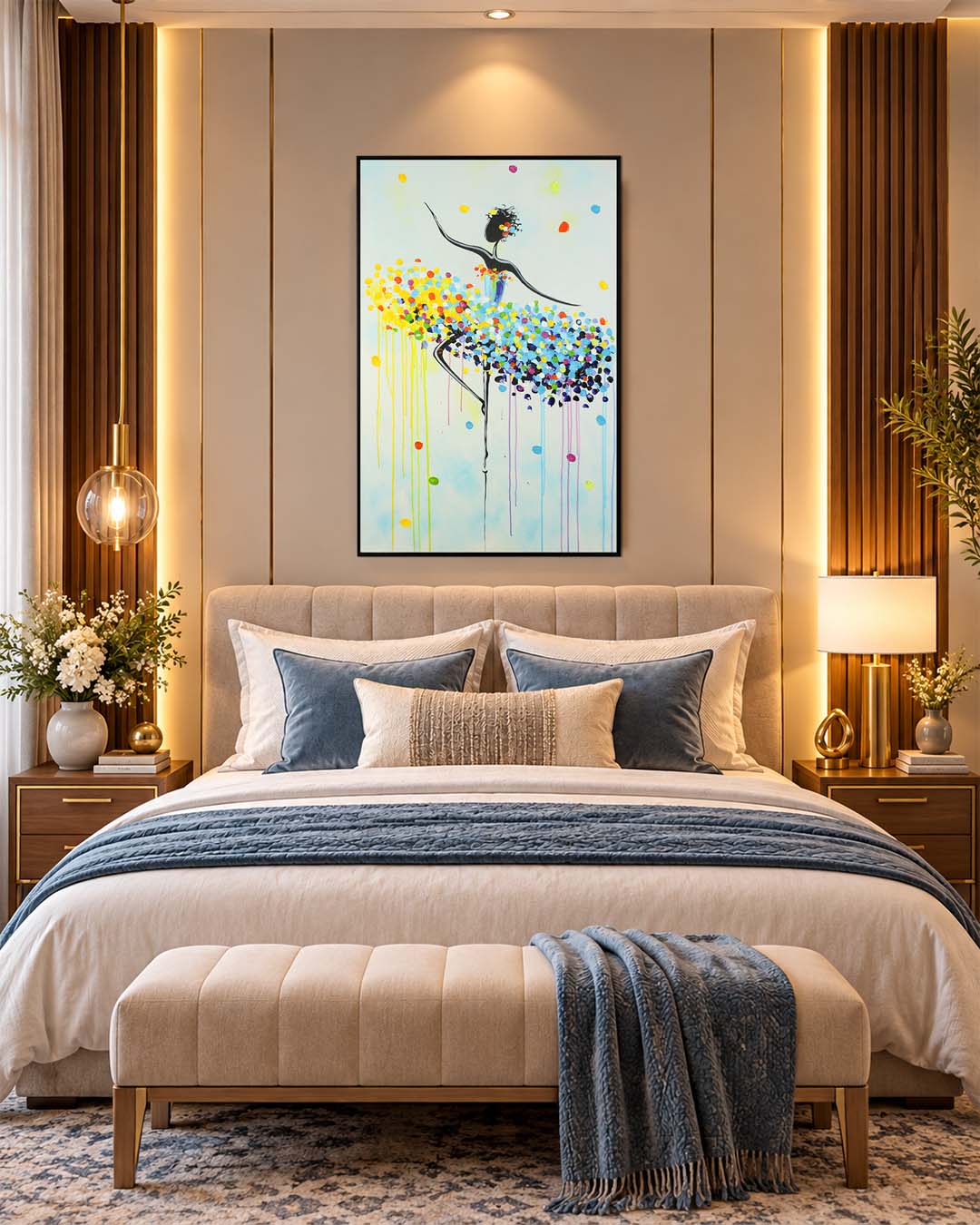 Pirouette colourful ballerina painting above a bed in a bedroom