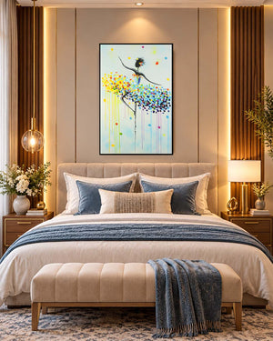 Pirouette colourful ballerina painting above a bed in a bedroom