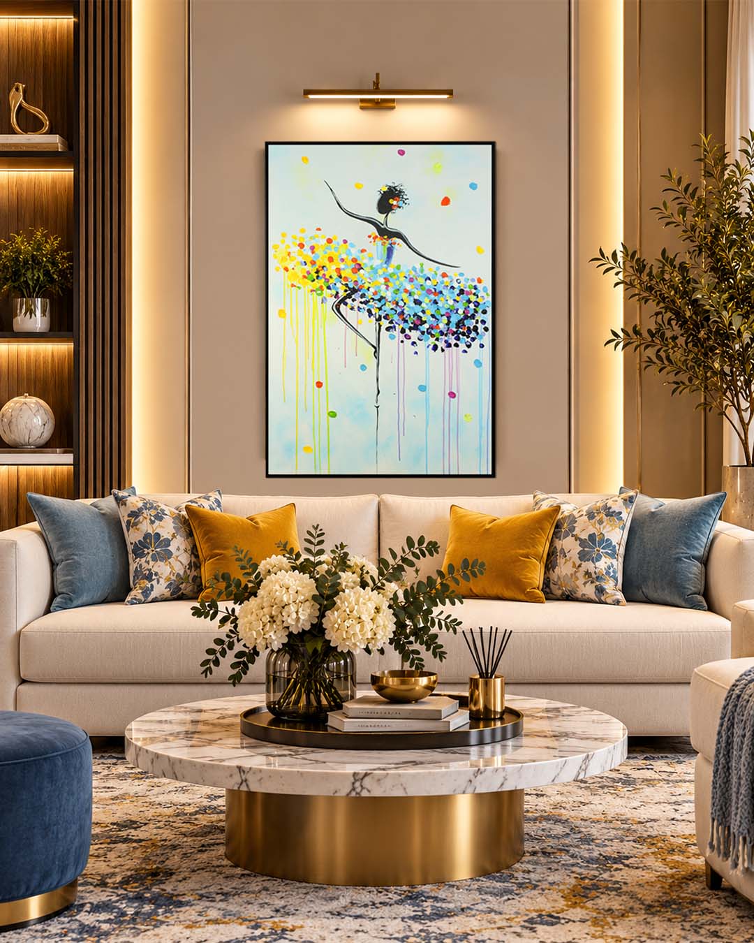 Pirouette colourful ballerina painting above a sofa in a living room
