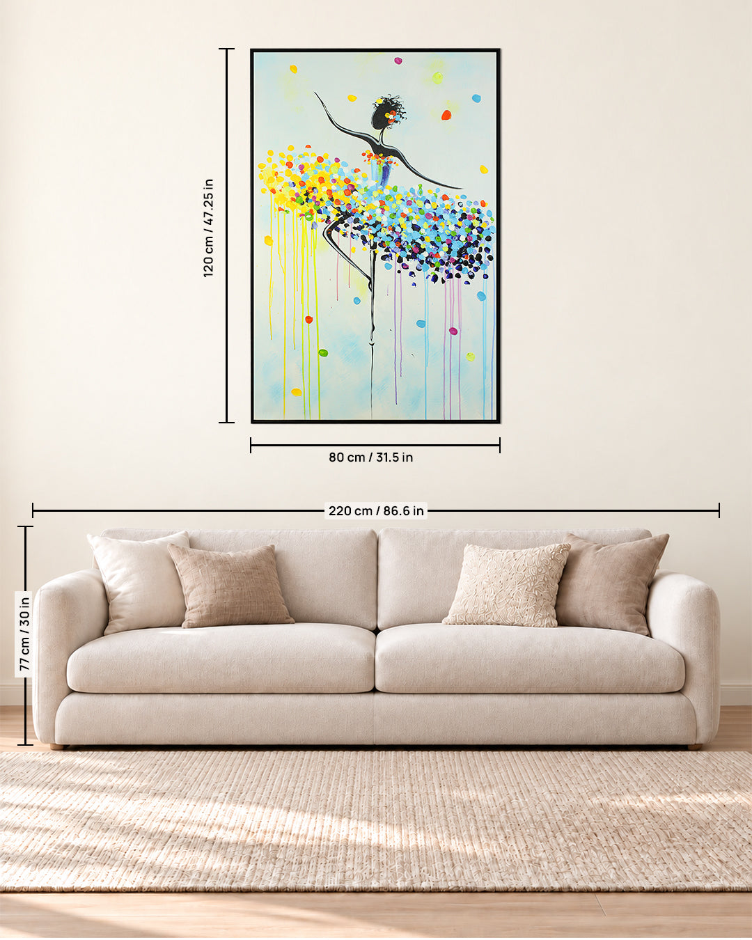 Pirouette colourful ballerina painting size guide above a sofa