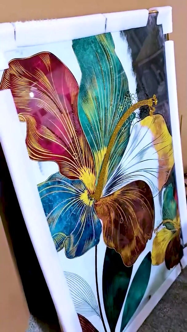 Load video: Botanical Muse teal and gold leaf glass wall art