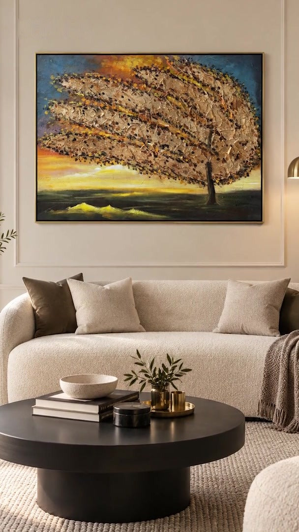 Load video: Golden Tempest windswept tree canvas art being made