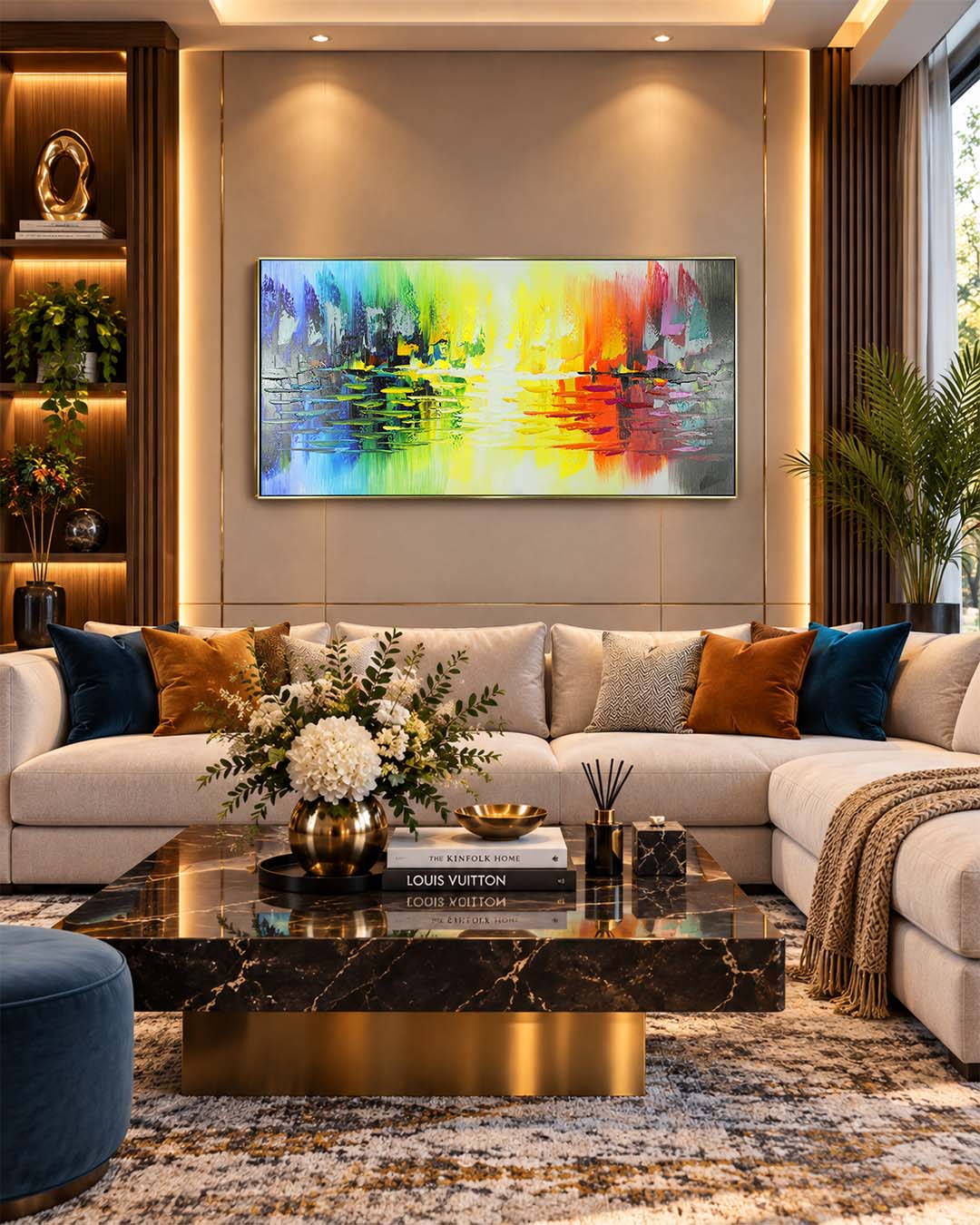 Prism colourful abstract painting above a sofa in a living room