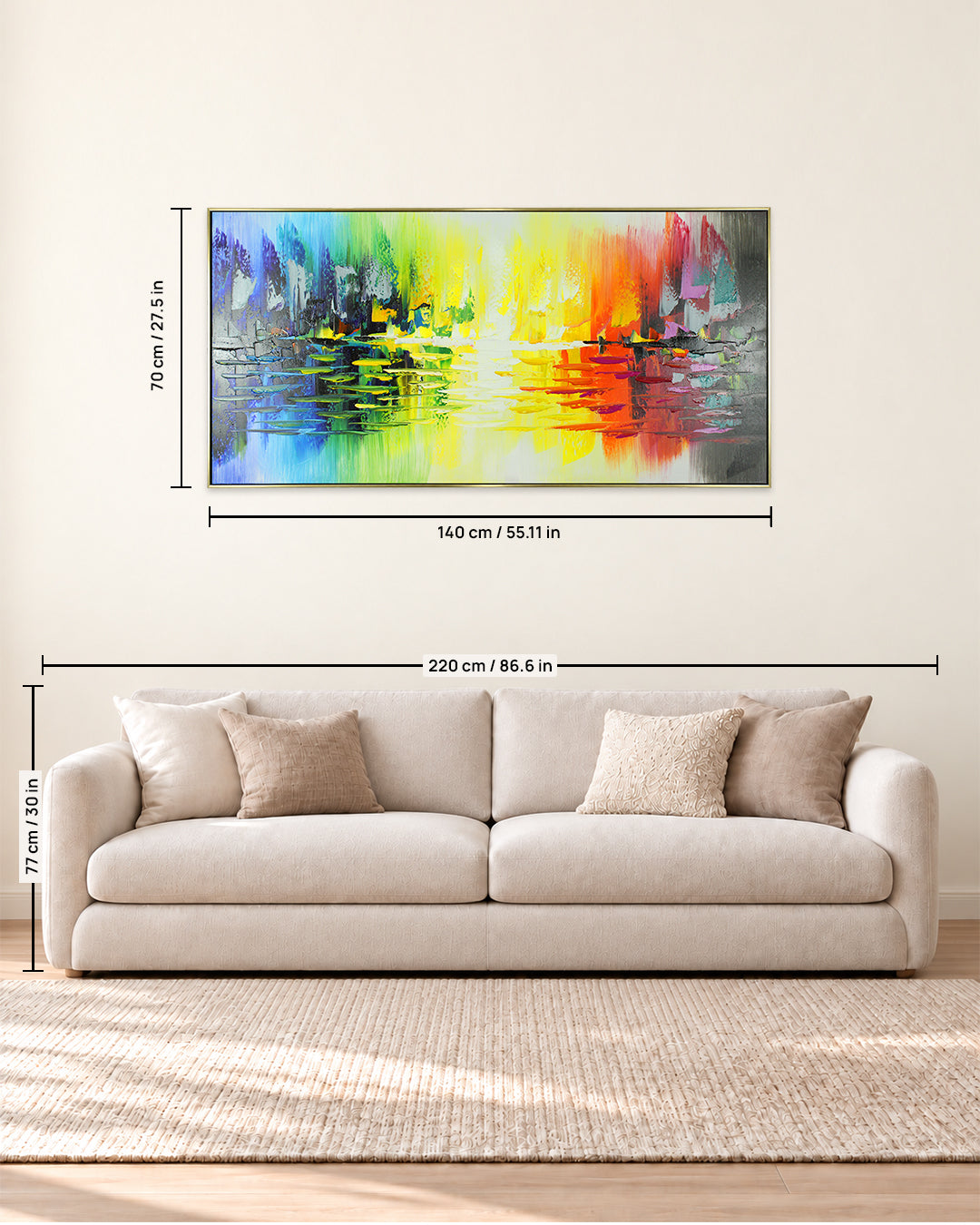 Prism colourful abstract painting size guide above a sofa