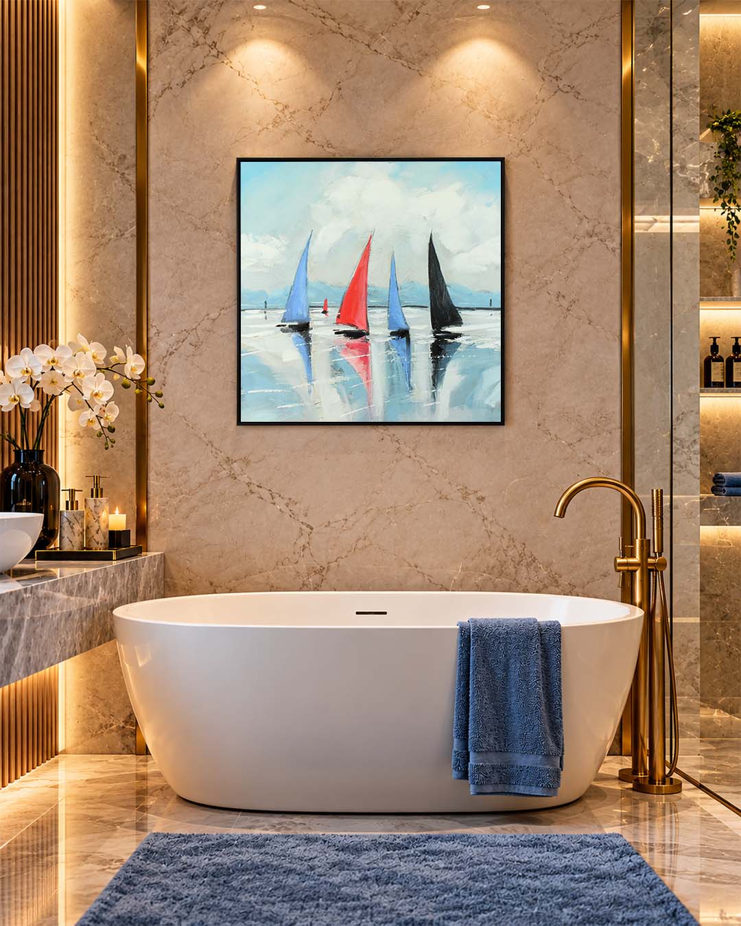 Regatta modern yacht painting for coastal interiors in a bathroom