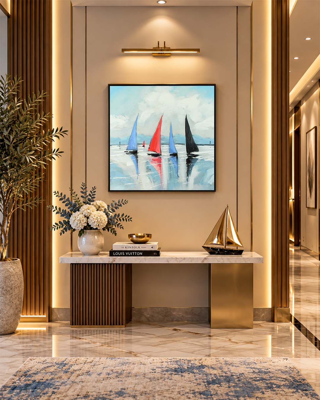 Regatta modern yacht painting for coastal interiors in a hallway