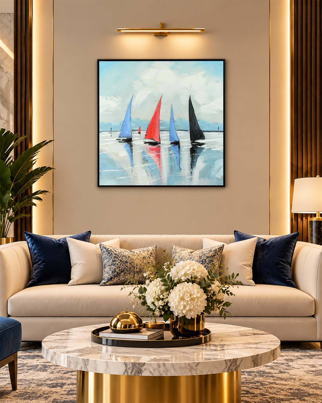 Regatta modern yacht painting for coastal interiors above a sofa in a living room