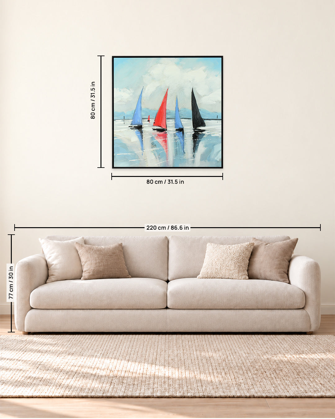 Regatta modern yacht painting for coastal interiors size guide above a sofa